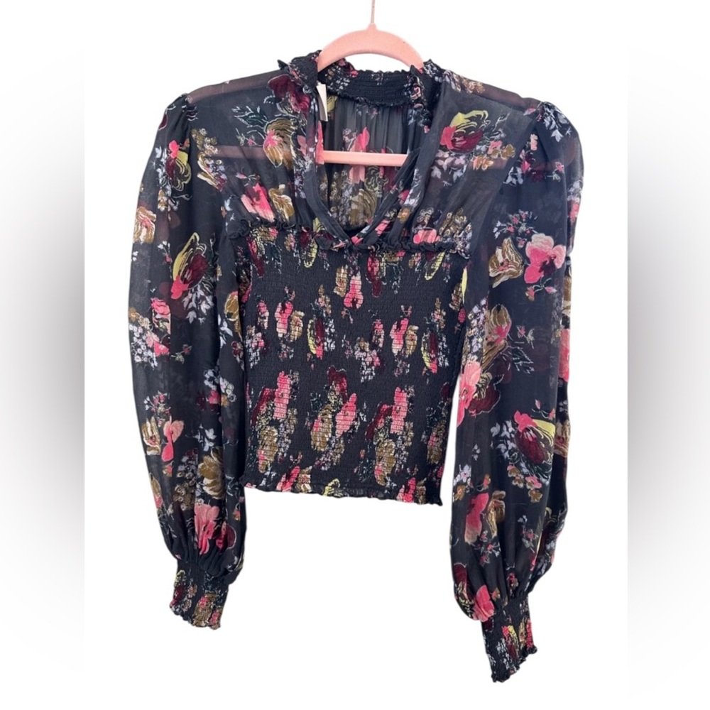 Cinq A Sept Women's Esmaralda 100% Silk Chiffon Black Floral Mock Neck Top Sz S - Picture 7 of 13
